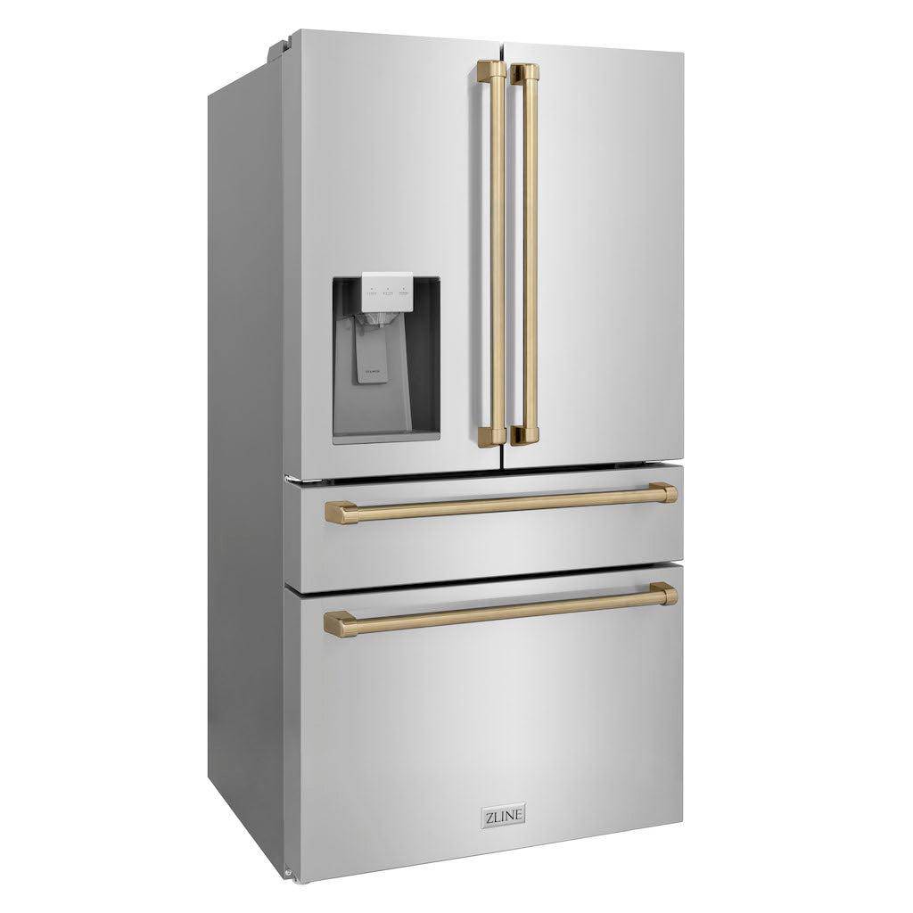 ZLINE Autograph Edition 36 in. 21.6 cu. ft. Counter-Depth French Door Refrigerator with Water and Ice Dispenser in Fingerprint-Resistant Stainless Steel with Champagne Bronze Traditional Handles (RFMZ-W-36-CB) - KB&A The Home Improvement Store