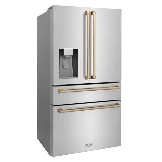 ZLINE Autograph Edition 36 in. 21.6 cu. ft. Counter-Depth French Door Refrigerator with Water and Ice Dispenser in Fingerprint-Resistant Stainless Steel with Champagne Bronze Traditional Handles (RFMZ-W-36-CB) - KB&A The Home Improvement Store