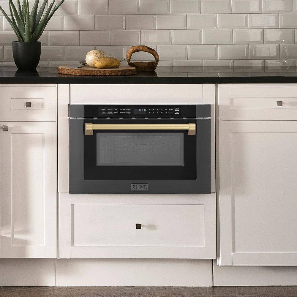 ZLINE Autograph Edition 24" 1.2 cu. ft. Built-in Microwave Drawer in Black Stainless Steel and Champagne Bronze Accents (MWDZ-1-BS-H-CB) - KB&A The Home Improvement Store