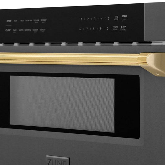 ZLINE Autograph Edition 30 in. 1.2 cu. ft. Built-in Microwave Drawer in Black Stainless Steel with Champagne Bronze Accents (MWDZ-30-BS-CB) - KB&A The Home Improvement Store