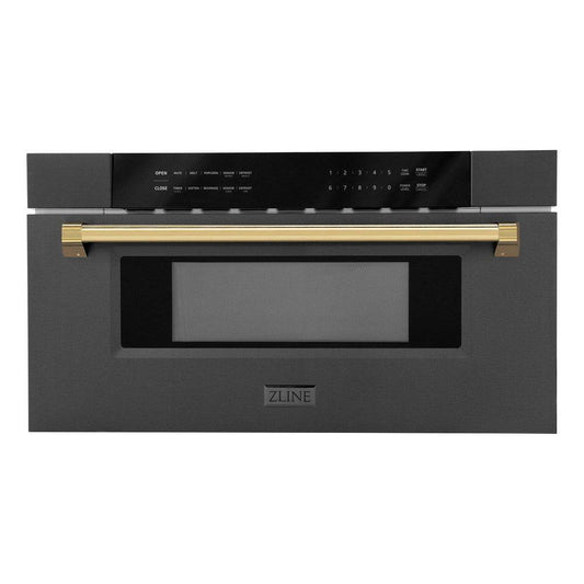 ZLINE Autograph Edition 30 in. 1.2 cu. ft. Built-in Microwave Drawer in Black Stainless Steel with Champagne Bronze Accents (MWDZ-30-BS-CB) - KB&A The Home Improvement Store