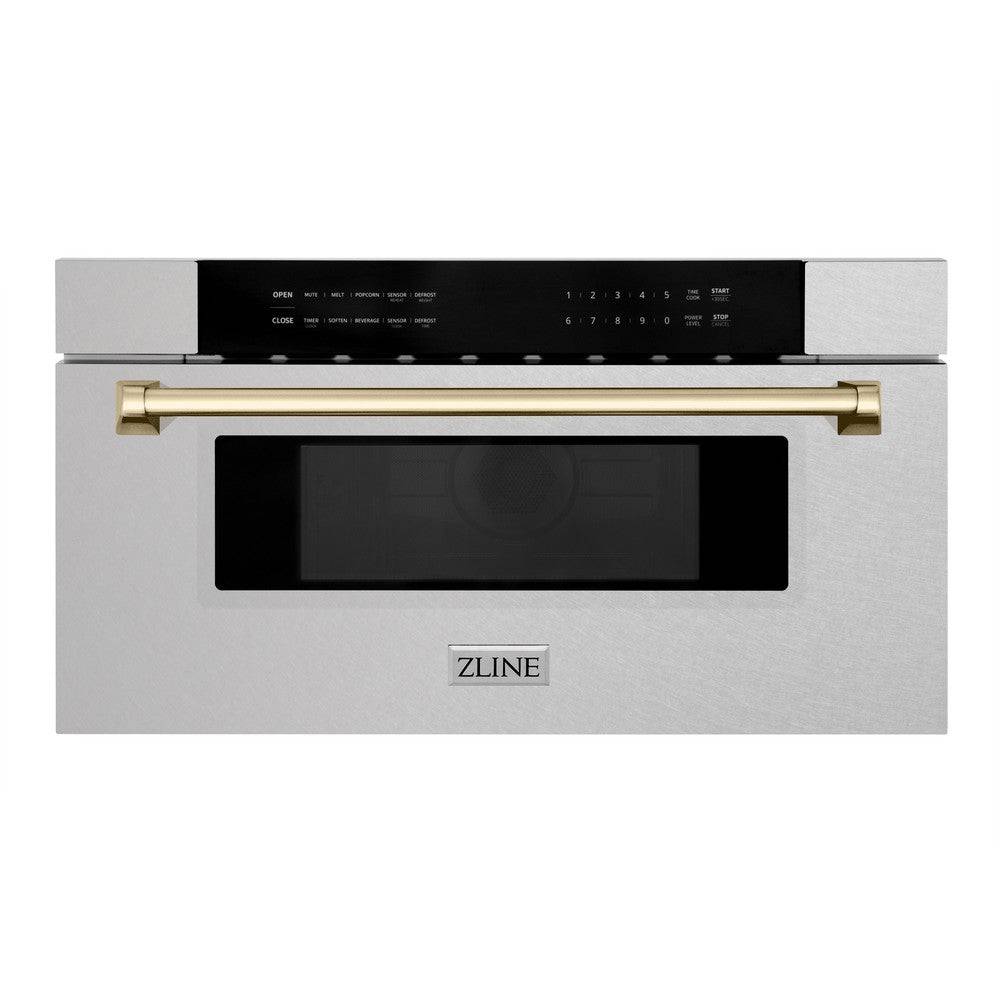 ZLINE Autograph Edition 30 in. 1.2 cu. ft. Built-In Microwave Drawer in Fingerprint Resistant Stainless Steel with Polished Gold Accents (MWDZ-30-SS-G) - KB&A The Home Improvement Store