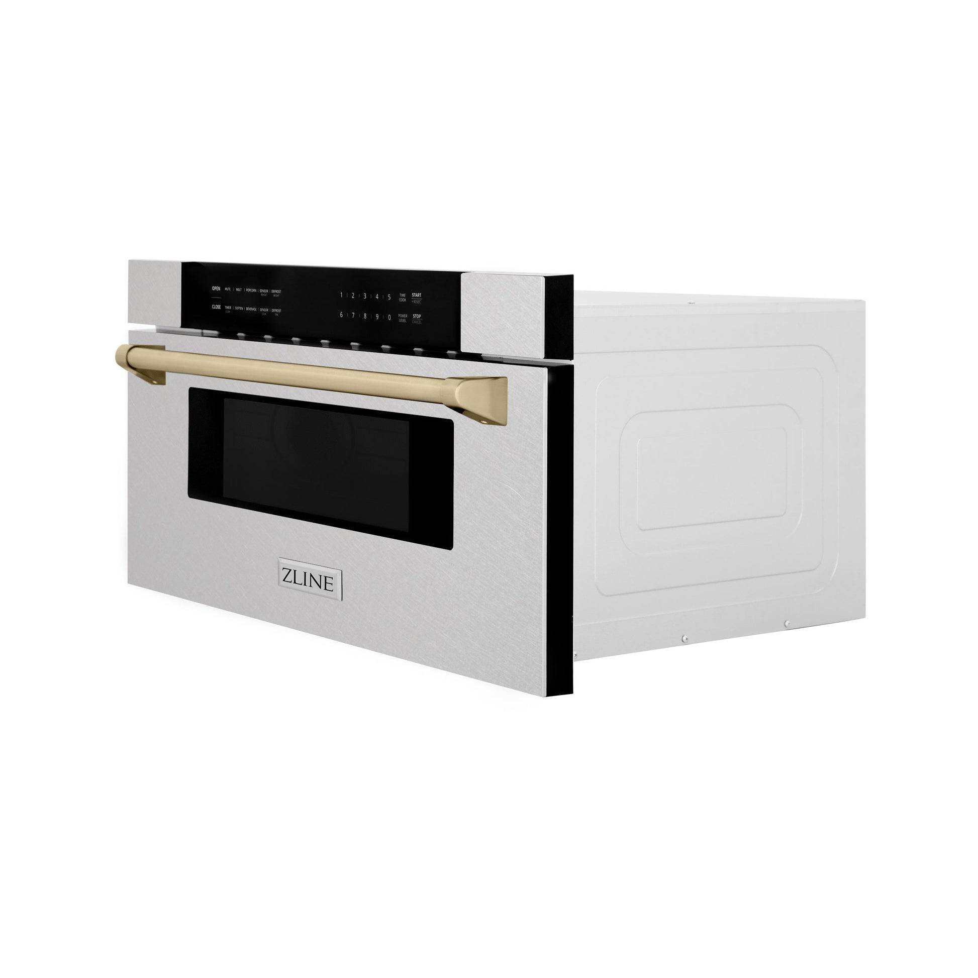 ZLINE Autograph Edition 30 in. 1.2 cu. ft. Built-In Microwave Drawer in Fingerprint Resistant Stainless Steel with Polished Gold Accents (MWDZ-30-SS-G) - KB&A The Home Improvement Store