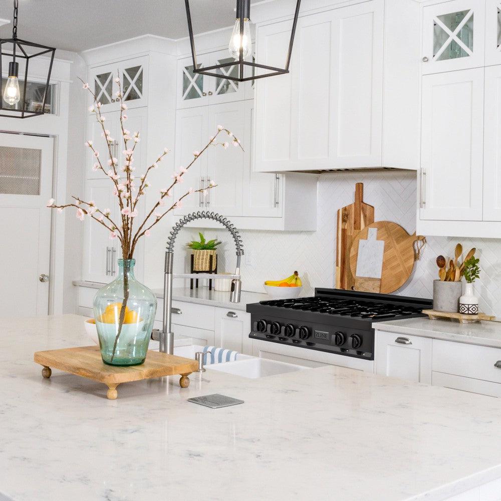 ZLINE 36 in. Porcelain Gas Rangetop in Black Stainless Steel with 6 Gas Brass Burners (RTB-BR-36) - KB&A The Home Improvement Store