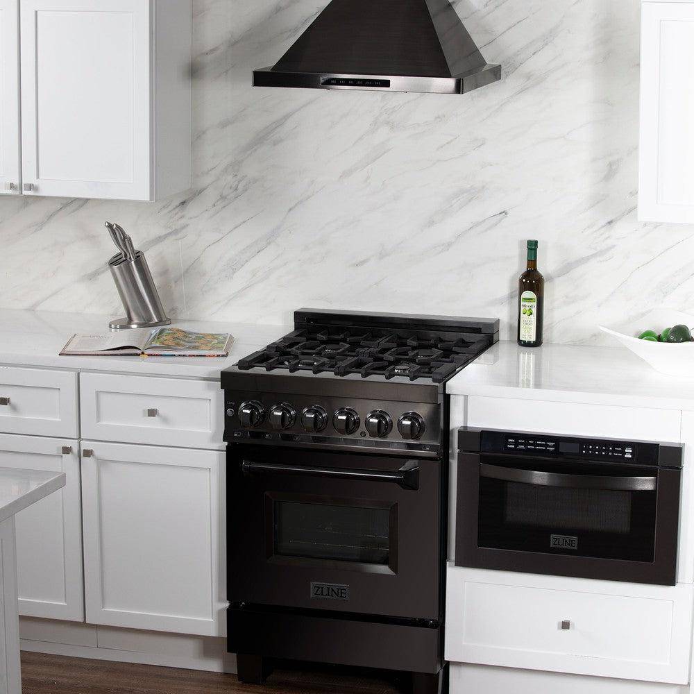 ZLINE 24 in. 2.8 cu. ft. Legacy Dual Fuel Range with Gas Cooktop and Electric Convection Oven in Black Stainless Steel with 4 Brass Burners (RAB-BR-24) - KB&A The Home Improvement Store