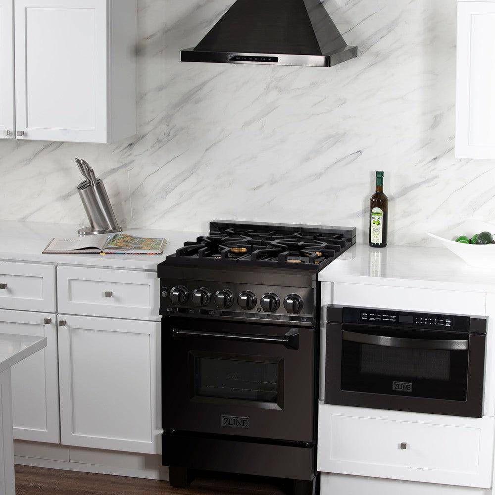 ZLINE 24 in. 2.8 cu. ft. Legacy Dual Fuel Range with Gas Cooktop and Electric Convection Oven in Black Stainless Steel with 4 Brass Burners (RAB-BR-24) - KB&A The Home Improvement Store