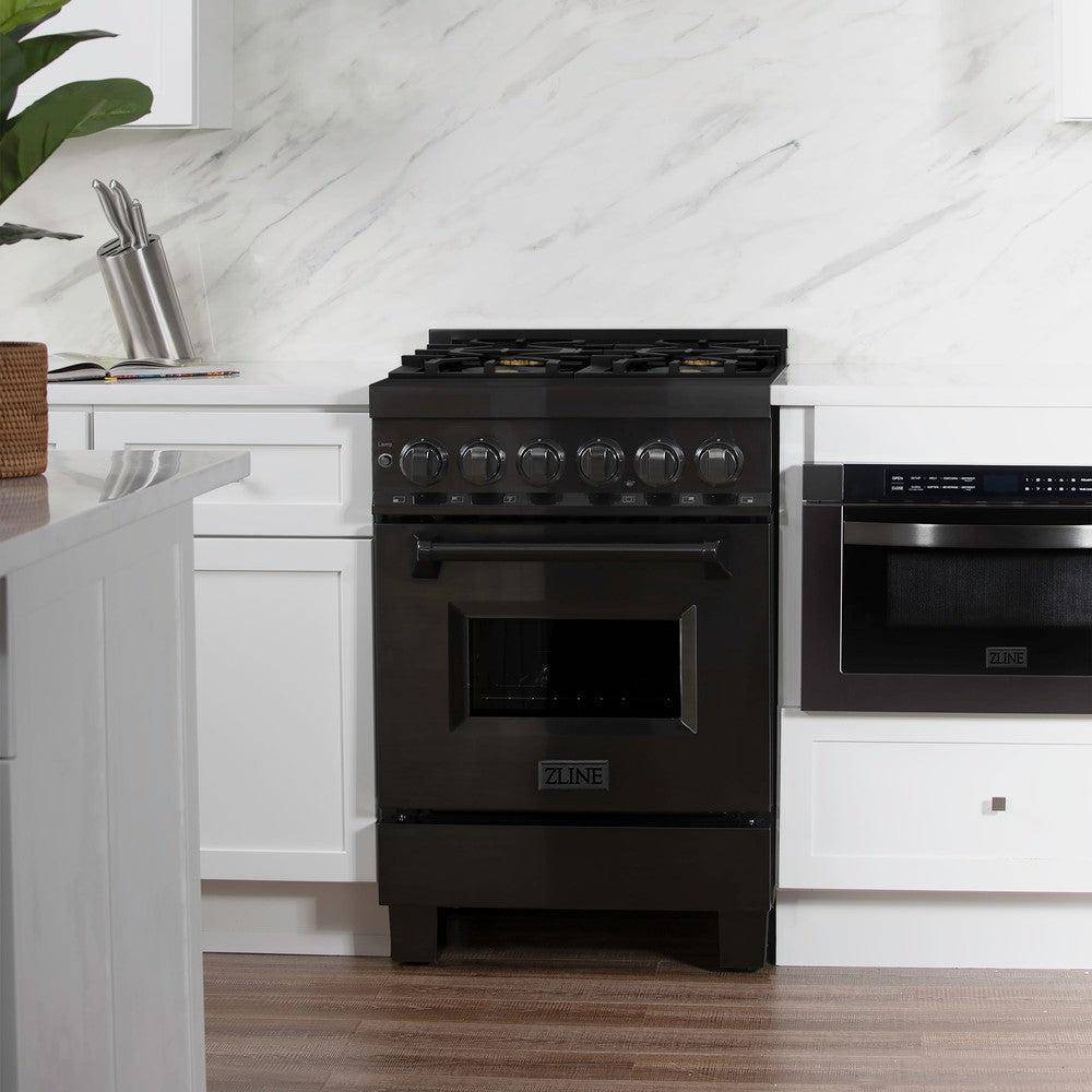 ZLINE 24 in. 2.8 cu. ft. Legacy Dual Fuel Range with Gas Cooktop and Electric Convection Oven in Black Stainless Steel with 4 Brass Burners (RAB-BR-24) - KB&A The Home Improvement Store