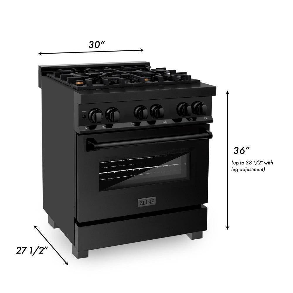 ZLINE 30 in. 4.0 cu. ft. Legacy Dual Fuel Range with Gas Cooktop and Electric Convection Oven in Black Stainless Steel with 4 Brass Burners (RAB-BR-30) - KB&A The Home Improvement Store