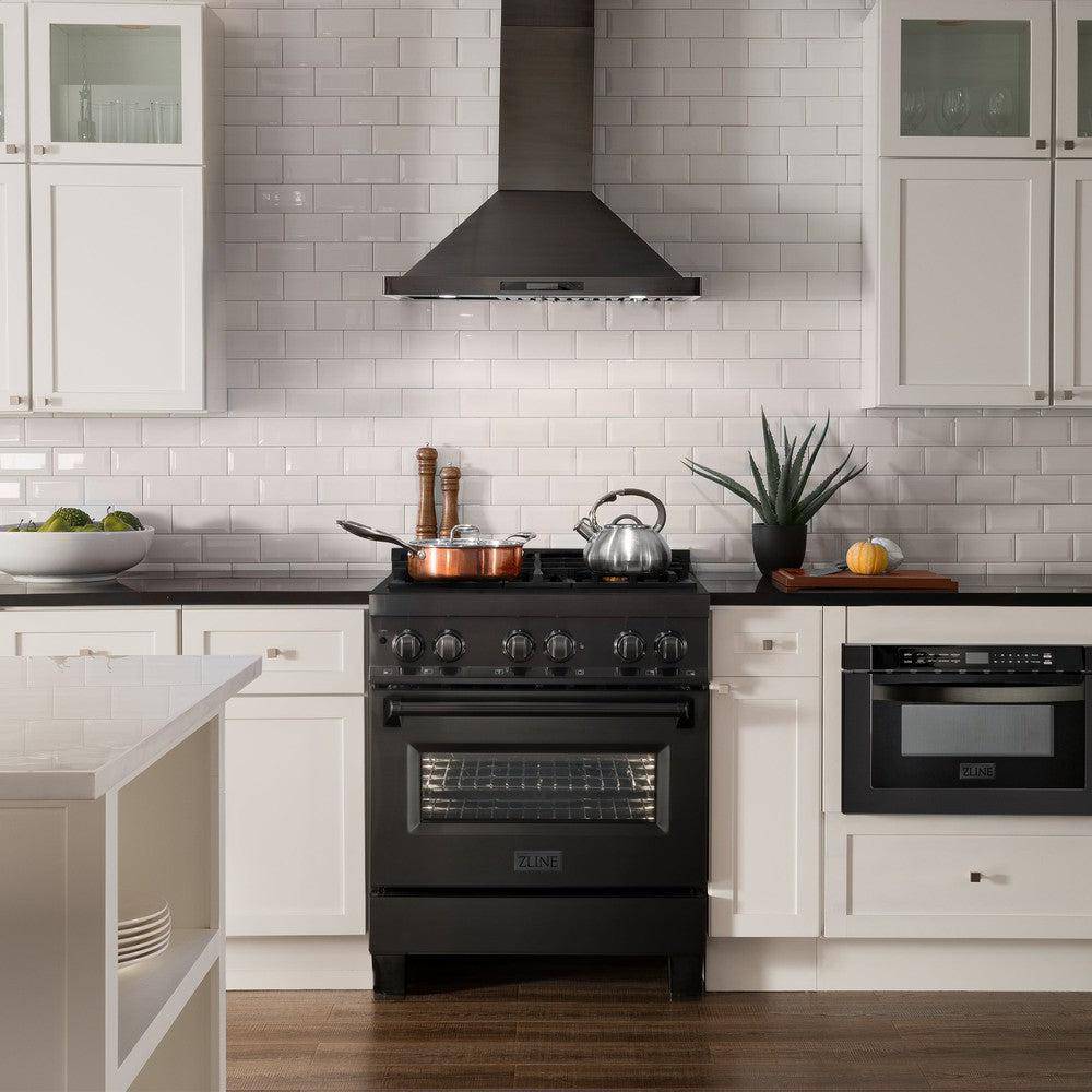 ZLINE 30 in. 4.0 cu. ft. Legacy Dual Fuel Range with Gas Cooktop and Electric Convection Oven in Black Stainless Steel with 4 Brass Burners (RAB-BR-30) - KB&A The Home Improvement Store
