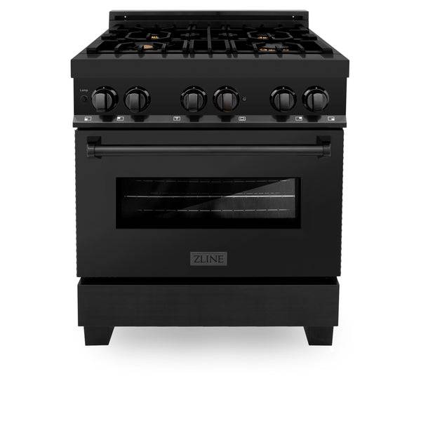 ZLINE 30 in. 4.0 cu. ft. Legacy Dual Fuel Range with Gas Cooktop and Electric Convection Oven in Black Stainless Steel with 4 Brass Burners (RAB-BR-30) - KB&A The Home Improvement Store