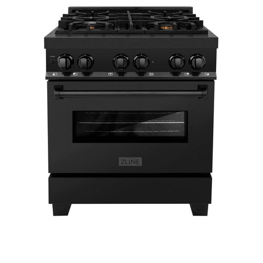 ZLINE 30 in. 4.0 cu. ft. Legacy Dual Fuel Range with Gas Cooktop and Electric Convection Oven in Black Stainless Steel with 4 Brass Burners (RAB-BR-30) - KB&A The Home Improvement Store