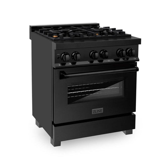 ZLINE 30 in. 4.0 cu. ft. Legacy Dual Fuel Range with Gas Cooktop and Electric Convection Oven in Black Stainless Steel with 4 Brass Burners (RAB-BR-30) - KB&A The Home Improvement Store