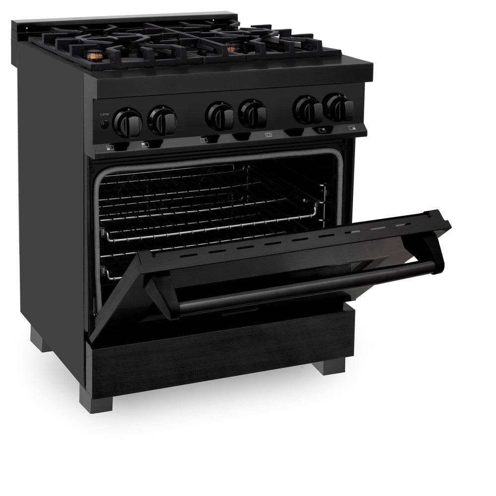 ZLINE 30 in. 4.0 cu. ft. Legacy Dual Fuel Range with Gas Cooktop and Electric Convection Oven in Black Stainless Steel with 4 Brass Burners (RAB-BR-30) - KB&A The Home Improvement Store