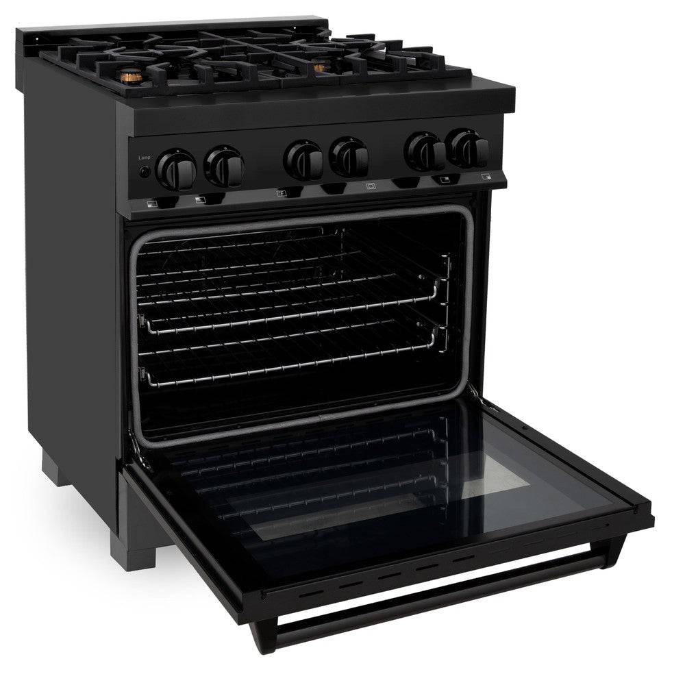 ZLINE 30 in. 4.0 cu. ft. Legacy Dual Fuel Range with Gas Cooktop and Electric Convection Oven in Black Stainless Steel with 4 Brass Burners (RAB-BR-30) - KB&A The Home Improvement Store
