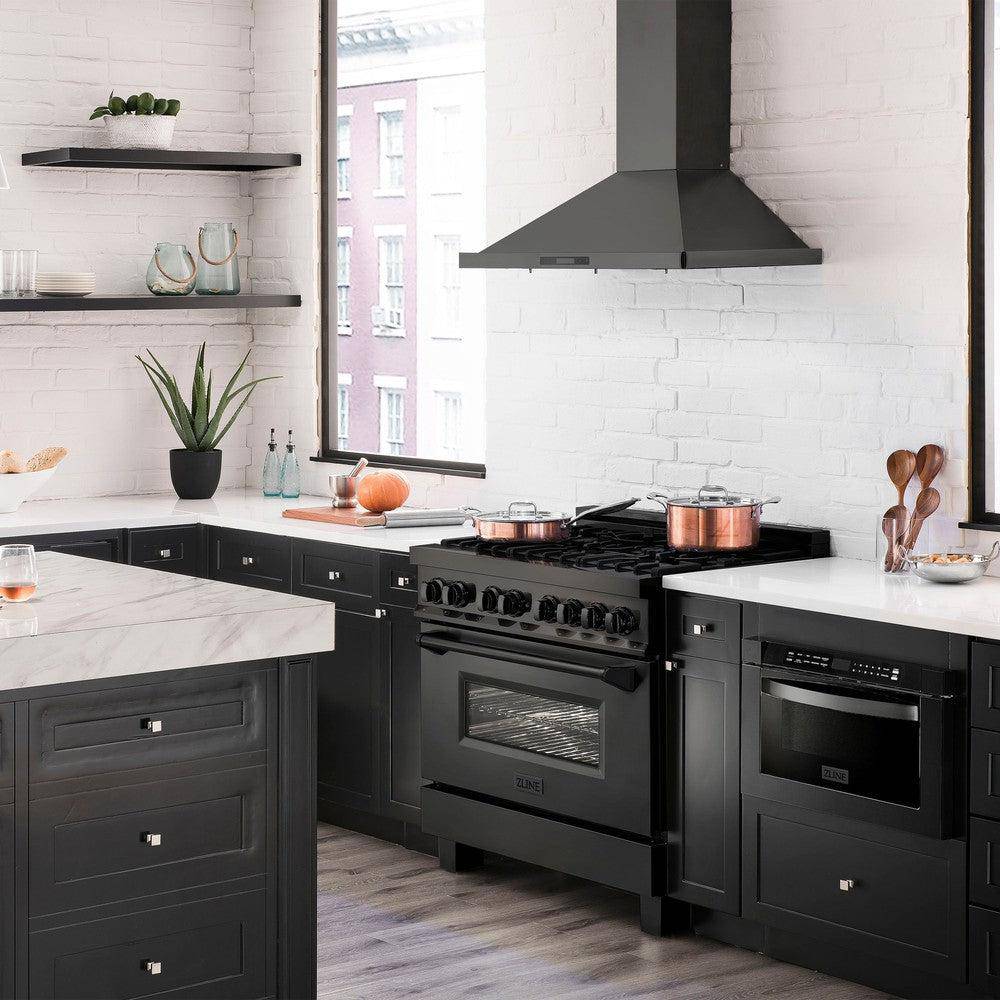 ZLINE Kitchen Package with Black Stainless Steel Refrigeration, 36" Dual Fuel Range, 36" Range Hood, Microwave Drawer, and 24" Tall Tub Dishwasher (5KPR-RABRH36-MWDWV) - KB&A The Home Improvement Store