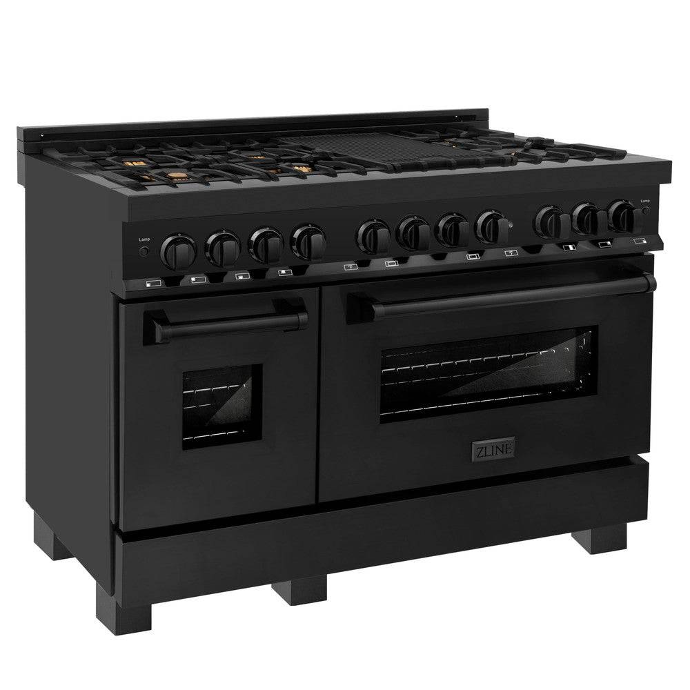 ZLINE 48 in. 6.0 cu. ft. Legacy Dual Fuel Range with Gas Cooktop and 2 Electric Ovens in Black Stainless Steel with Brass Burners (RAB-BR-48) - KB&A The Home Improvement Store