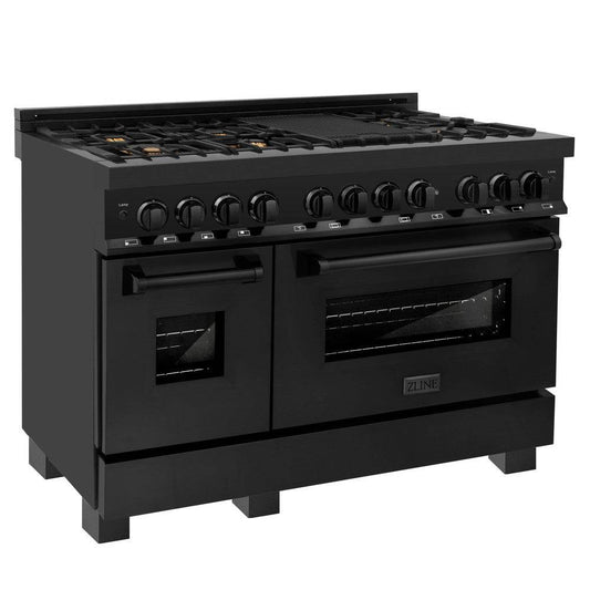 ZLINE 48 in. 6.0 cu. ft. Legacy Dual Fuel Range with Gas Cooktop and 2 Electric Ovens in Black Stainless Steel with Brass Burners (RAB-BR-48) - KB&A The Home Improvement Store