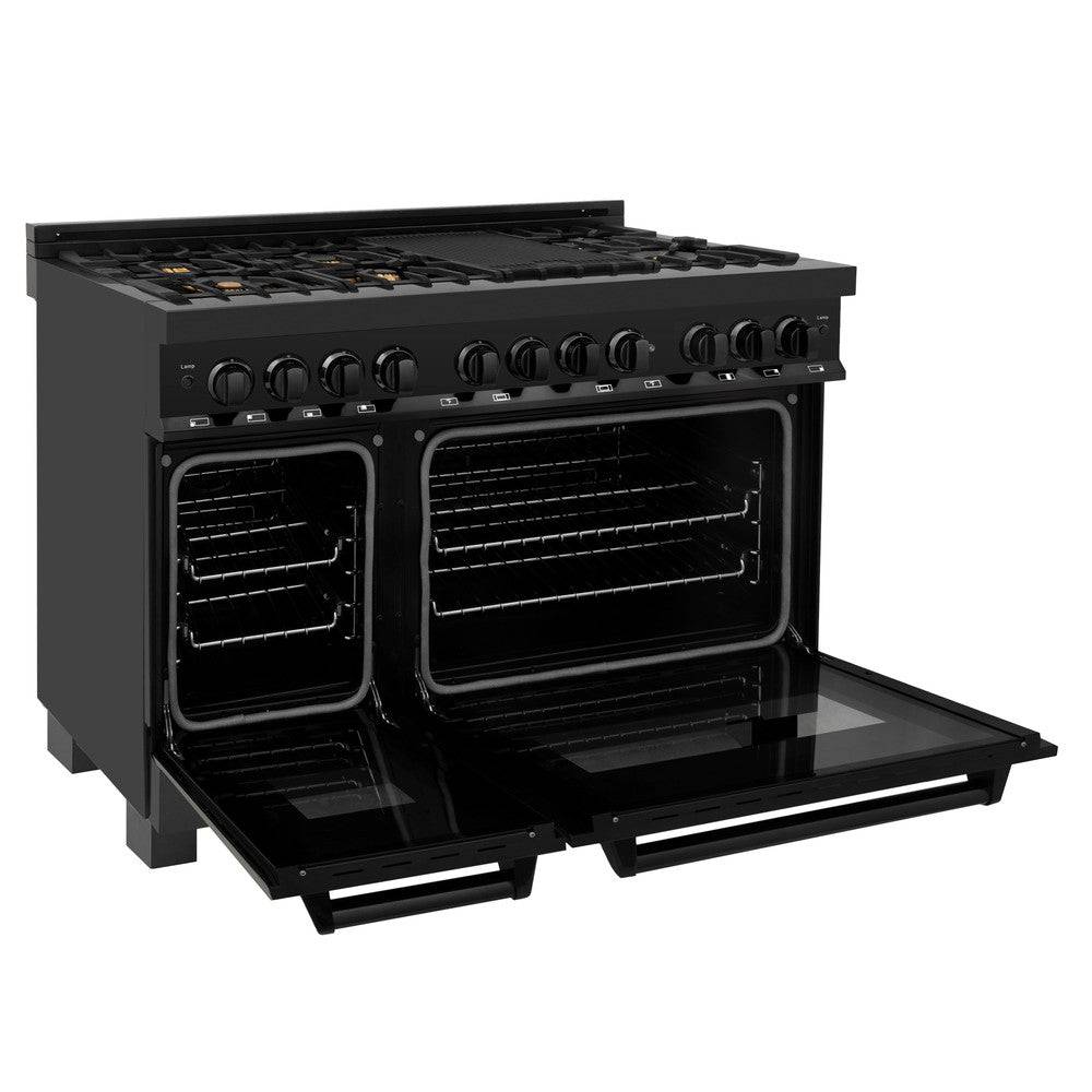 ZLINE 48 in. 6.0 cu. ft. Legacy Dual Fuel Range with Gas Cooktop and 2 Electric Ovens in Black Stainless Steel with Brass Burners (RAB-BR-48) - KB&A The Home Improvement Store
