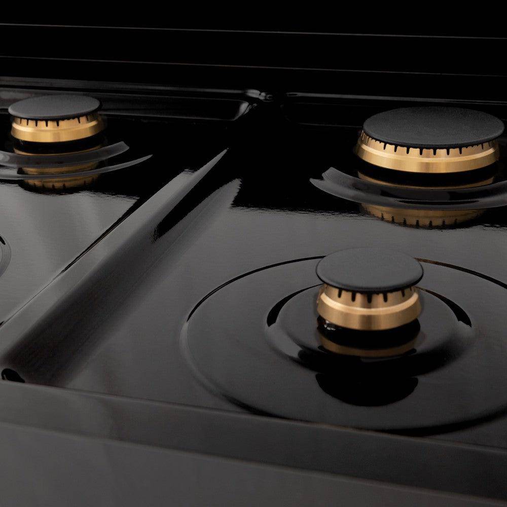 ZLINE Autograph Edition 24 in. 2.8 cu. ft. Legacy Dual Fuel Range with 4 Burner Gas Cooktop and Electric Convection Oven in Black Stainless Steel and Polished Gold Accents (RABZ-24-G) - KB&A The Home Improvement Store