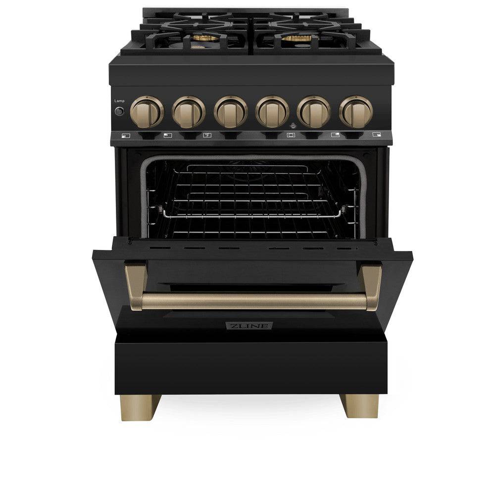 ZLINE Autograph Edition 24 in. 2.8 cu. ft. Legacy Dual Fuel Range with 4 Burner Gas Cooktop and Electric Convection Oven in Black Stainless Steel and Champagne Bronze Accents (RABZ-24-CB) - KB&A The Home Improvement Store