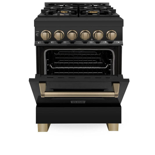 ZLINE Autograph Edition 24 in. 2.8 cu. ft. Legacy Dual Fuel Range with 4 Burner Gas Cooktop and Electric Convection Oven in Black Stainless Steel and Champagne Bronze Accents (RABZ-24-CB) - KB&A The Home Improvement Store