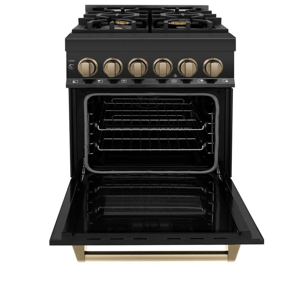 ZLINE Autograph Edition 24 in. 2.8 cu. ft. Legacy Dual Fuel Range with 4 Burner Gas Cooktop and Electric Convection Oven in Black Stainless Steel and Champagne Bronze Accents (RABZ-24-CB) - KB&A The Home Improvement Store