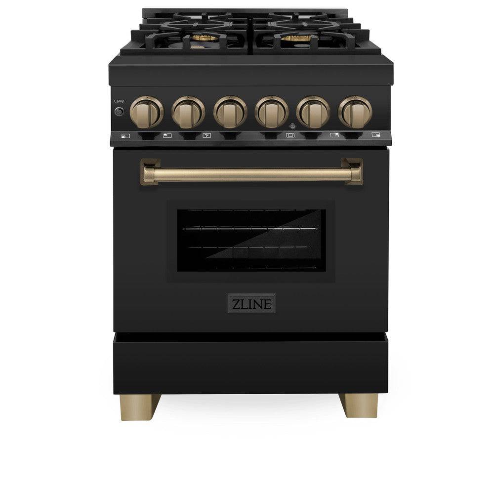 ZLINE Autograph Edition 24 in. 2.8 cu. ft. Legacy Dual Fuel Range with 4 Burner Gas Cooktop and Electric Convection Oven in Black Stainless Steel and Champagne Bronze Accents (RABZ-24-CB) - KB&A The Home Improvement Store