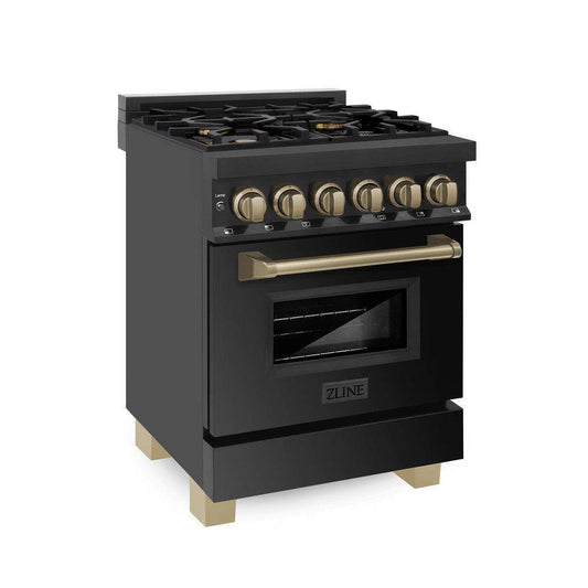 ZLINE Autograph Edition 24 in. 2.8 cu. ft. Legacy Dual Fuel Range with 4 Burner Gas Cooktop and Electric Convection Oven in Black Stainless Steel and Champagne Bronze Accents (RABZ-24-CB) - KB&A The Home Improvement Store