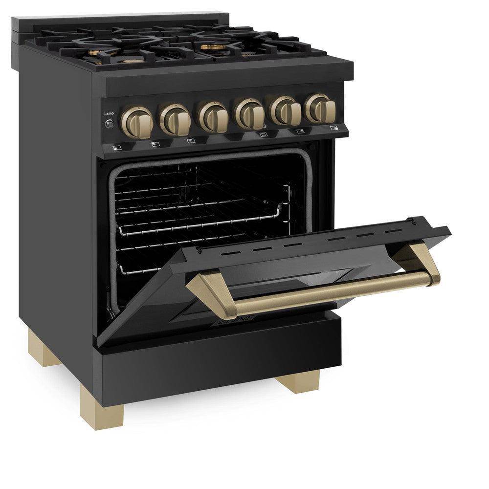 ZLINE Autograph Edition 24 in. 2.8 cu. ft. Legacy Dual Fuel Range with 4 Burner Gas Cooktop and Electric Convection Oven in Black Stainless Steel and Champagne Bronze Accents (RABZ-24-CB) - KB&A The Home Improvement Store