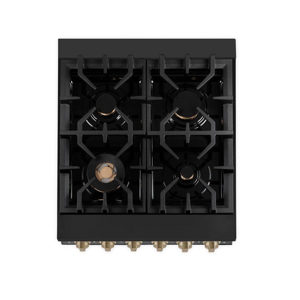 ZLINE Autograph Edition 24 in. 2.8 cu. ft. Legacy Dual Fuel Range with 4 Burner Gas Cooktop and Electric Convection Oven in Black Stainless Steel and Champagne Bronze Accents (RABZ-24-CB) - KB&A The Home Improvement Store