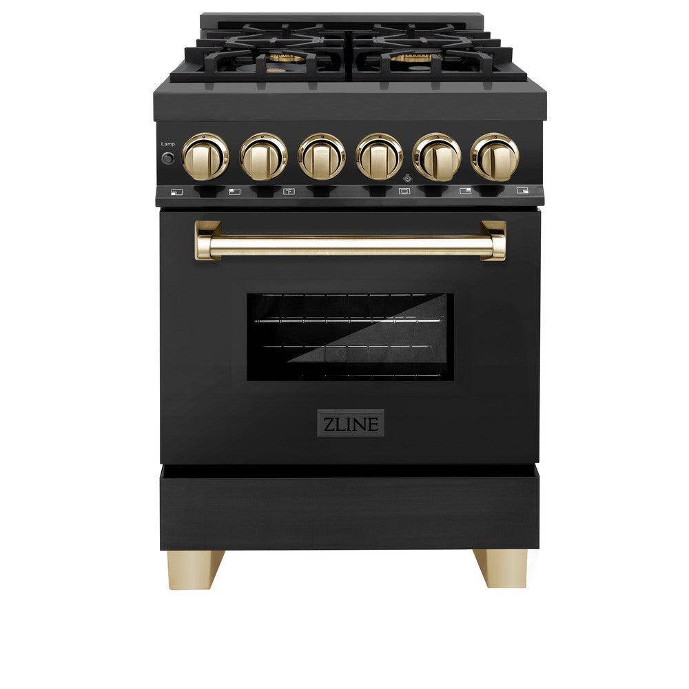 ZLINE Autograph Edition 24 in. 2.8 cu. ft. Legacy Dual Fuel Range with 4 Burner Gas Cooktop and Electric Convection Oven in Black Stainless Steel and Polished Gold Accents (RABZ-24-G) - KB&A The Home Improvement Store