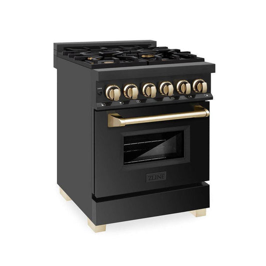 ZLINE Autograph Edition 24 in. 2.8 cu. ft. Legacy Dual Fuel Range with 4 Burner Gas Cooktop and Electric Convection Oven in Black Stainless Steel and Polished Gold Accents (RABZ-24-G) - KB&A The Home Improvement Store