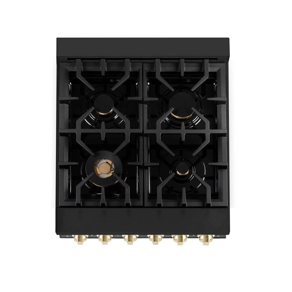 ZLINE Autograph Edition 24 in. 2.8 cu. ft. Legacy Dual Fuel Range with 4 Burner Gas Cooktop and Electric Convection Oven in Black Stainless Steel and Polished Gold Accents (RABZ-24-G) - KB&A The Home Improvement Store