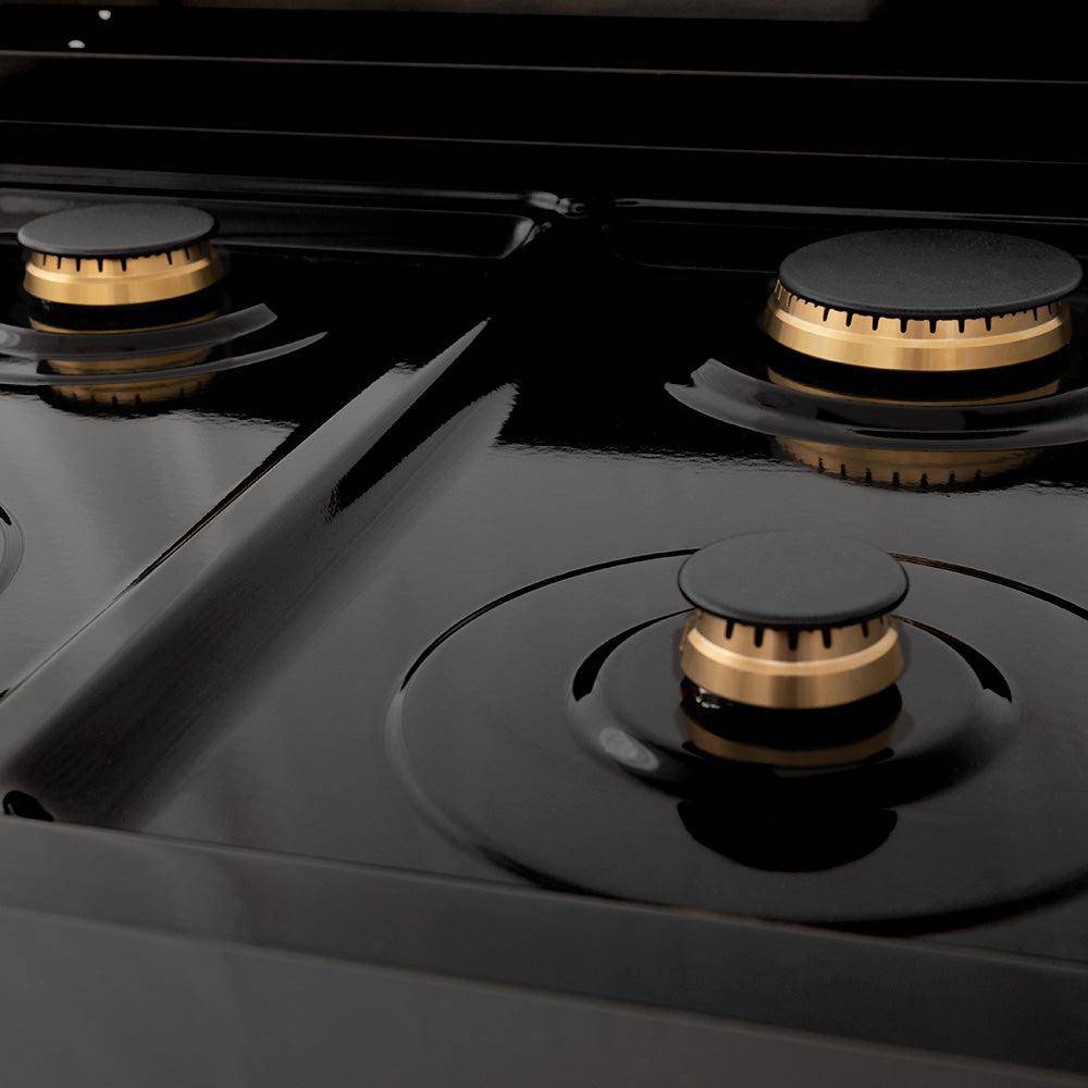 ZLINE 30" Autograph Edition Kitchen Package with Black Stainless Steel Dual Fuel Range and Range Hood with Polished Gold Accents (2AKP-RABRH30-G) - KB&A The Home Improvement Store