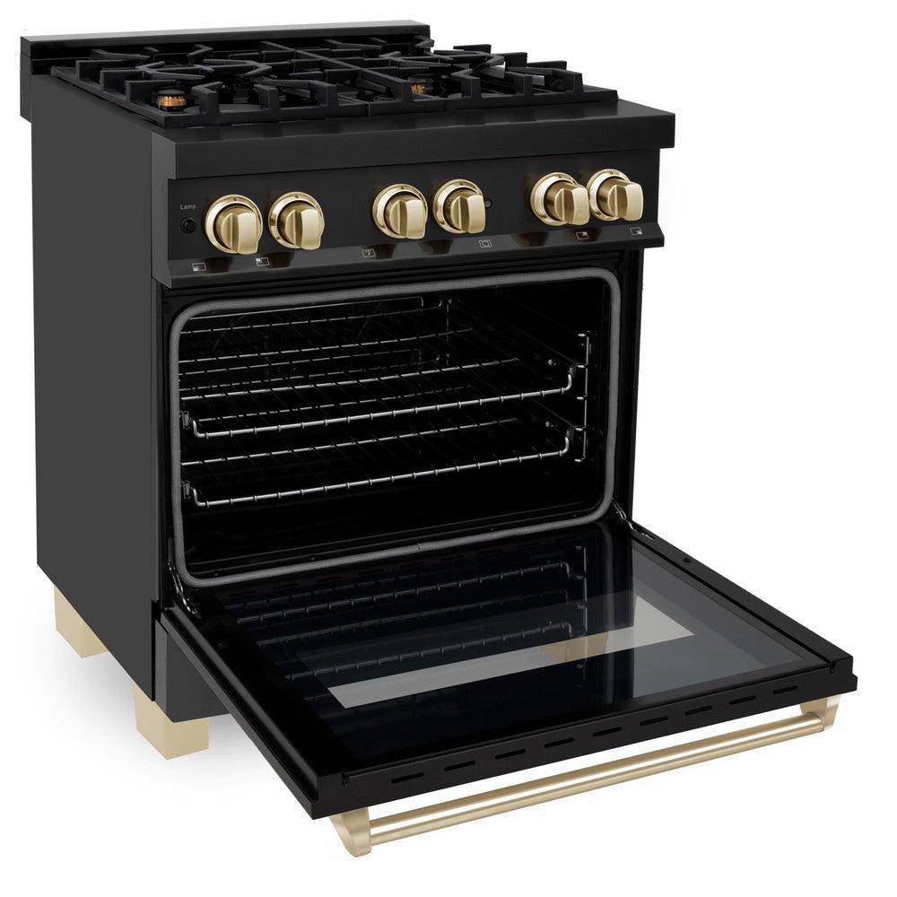 ZLINE 30" Autograph Edition Kitchen Package with Black Stainless Steel Dual Fuel Range and Range Hood with Polished Gold Accents (2AKP-RABRH30-G) - KB&A The Home Improvement Store