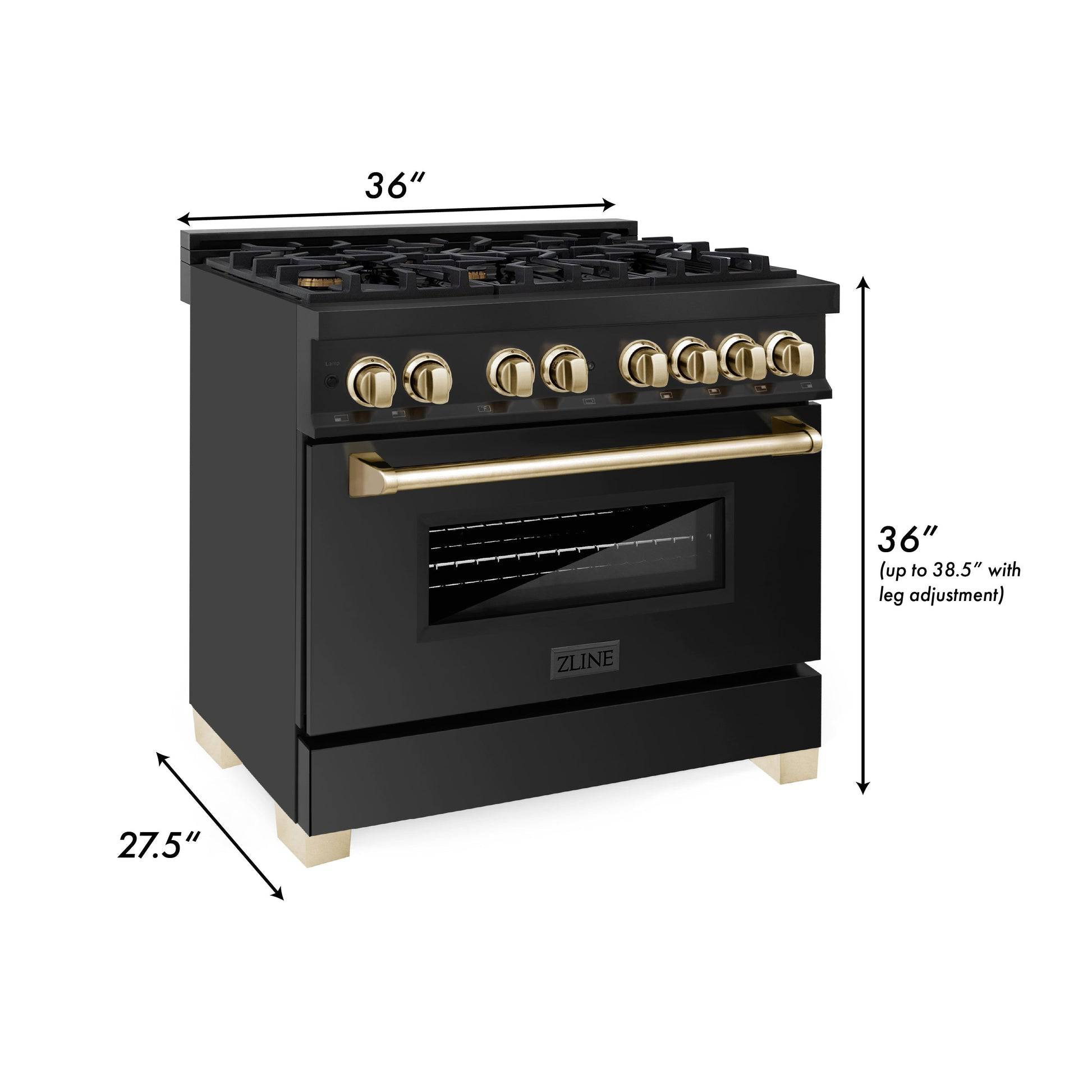 ZLINE 36" Autograph Edition Kitchen Package with Black Stainless Steel Dual Fuel Range and Range Hood with Polished Gold Accents (2AKP-RABRH36-G) - KB&A The Home Improvement Store