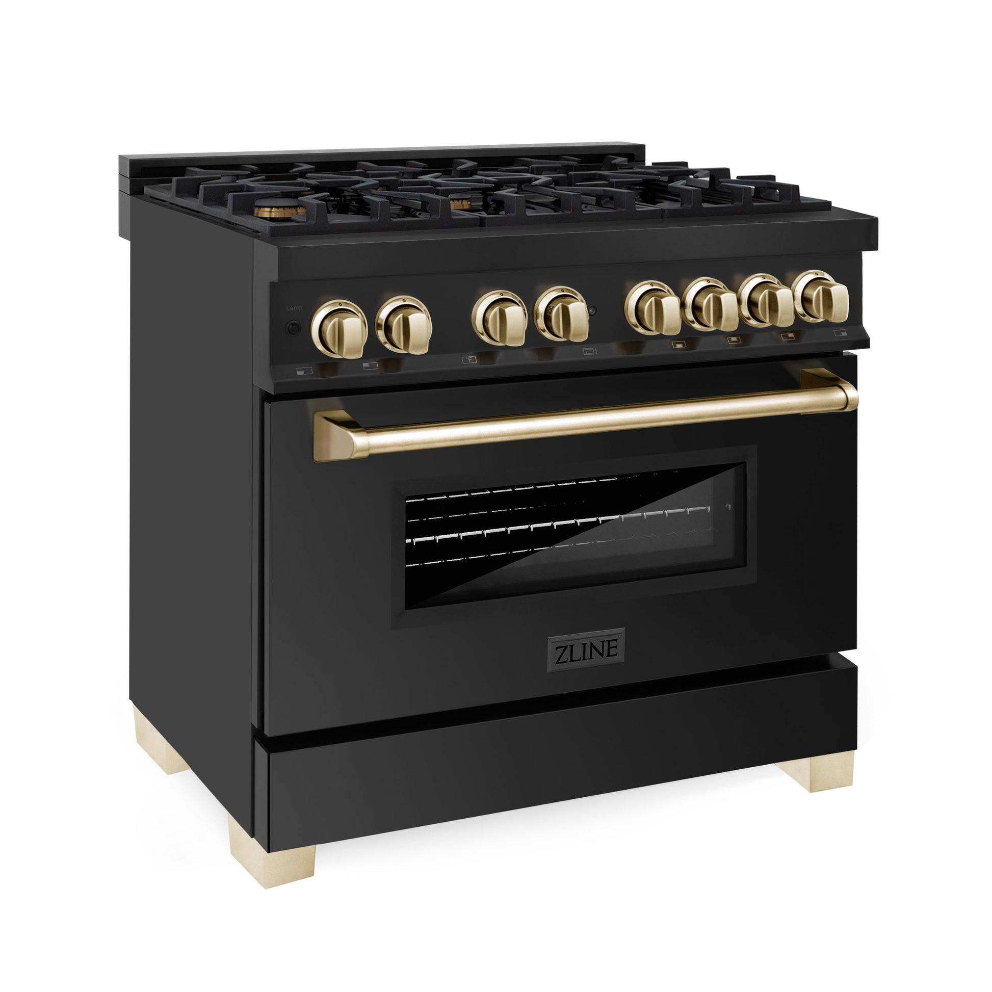 ZLINE 36" Autograph Edition Kitchen Package with Black Stainless Steel Dual Fuel Range and Range Hood with Polished Gold Accents (2AKP-RABRH36-G) - KB&A The Home Improvement Store