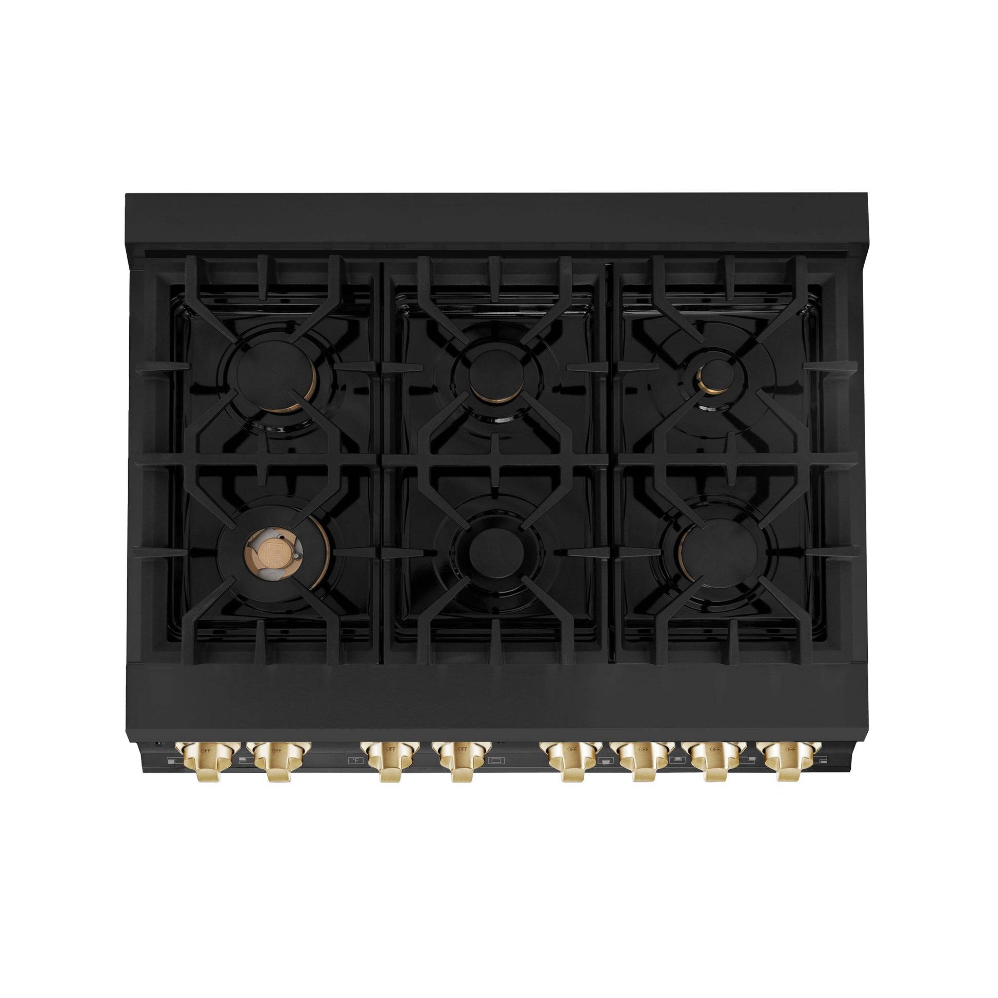 ZLINE 36" Autograph Edition Kitchen Package with Black Stainless Steel Dual Fuel Range and Range Hood with Polished Gold Accents (2AKP-RABRH36-G) - KB&A The Home Improvement Store