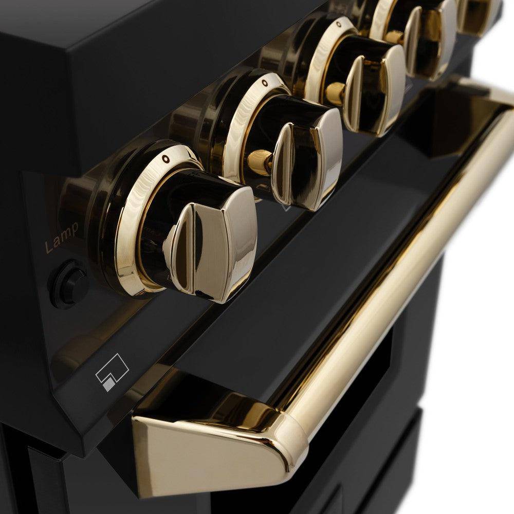 ZLINE Autograph Edition 24 in. 2.8 cu. ft. Legacy Dual Fuel Range with 4 Burner Gas Cooktop and Electric Convection Oven in Black Stainless Steel and Polished Gold Accents (RABZ-24-G) - KB&A The Home Improvement Store