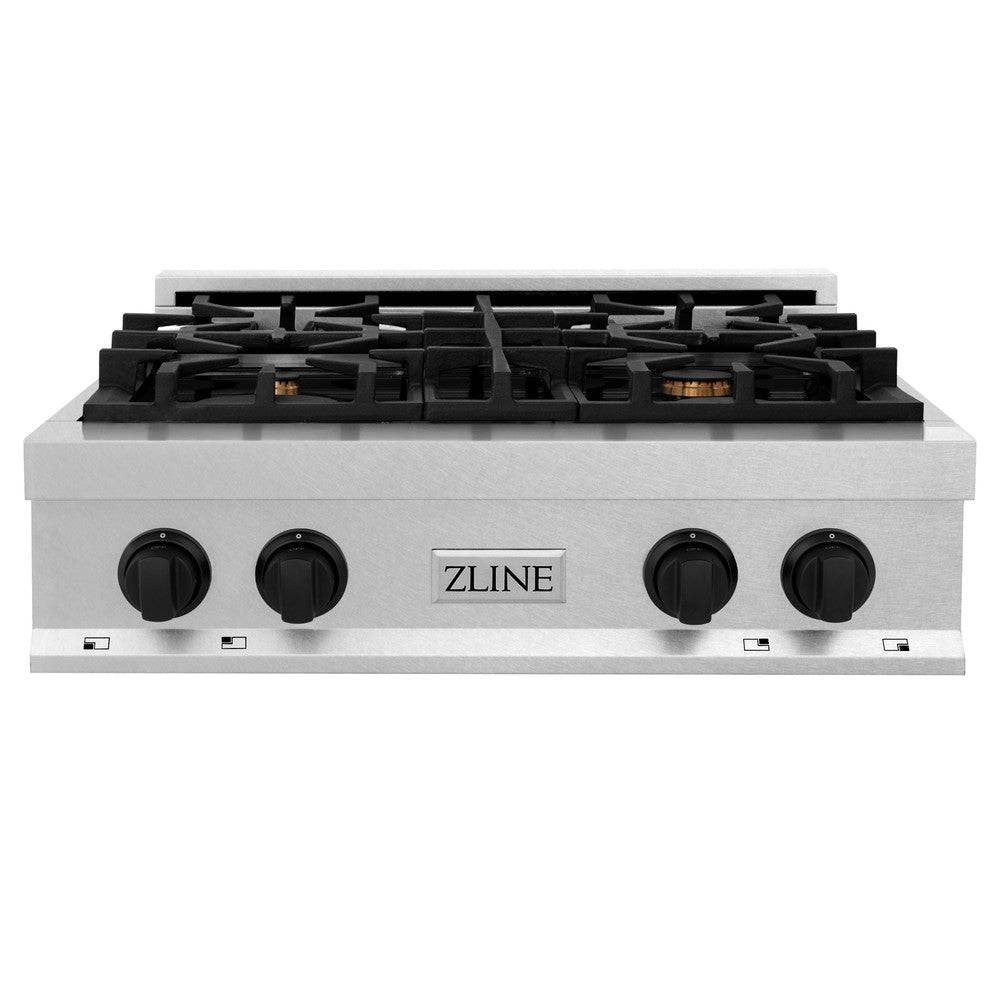 ZLINE Autograph Edition 30 in. Porcelain Rangetop with 4 Gas Burners in DuraSnow® Stainless Steel with Matte Black Accents (RTSZ-30-MB) - KB&A The Home Improvement Store