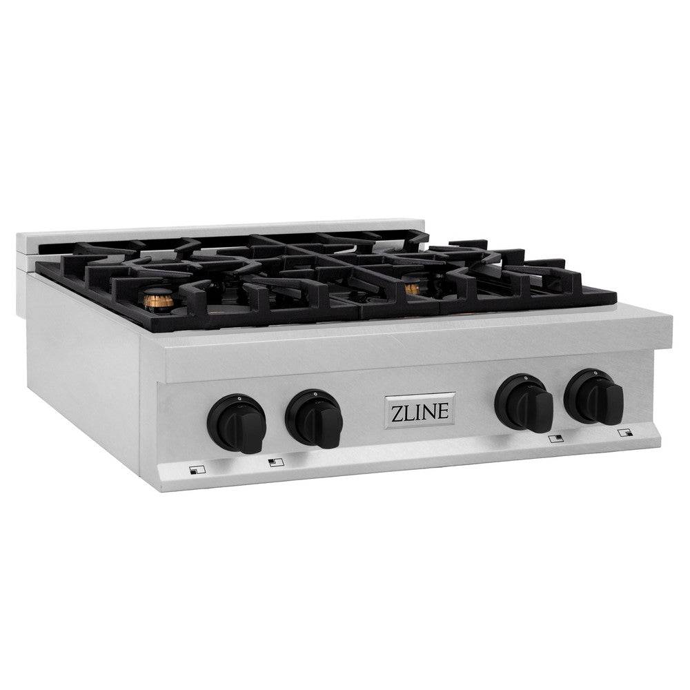 ZLINE Autograph Edition 30 in. Porcelain Rangetop with 4 Gas Burners in DuraSnow® Stainless Steel with Matte Black Accents (RTSZ-30-MB) - KB&A The Home Improvement Store