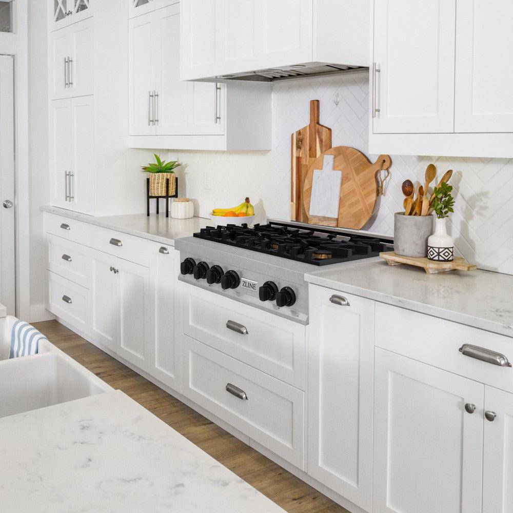 ZLINE Autograph Edition 36" Porcelain Rangetop with 6 Gas Burners in Fingerprint Resistant Stainless Steel and Matte Black Accents (RTSZ-36-MB) - KB&A The Home Improvement Store