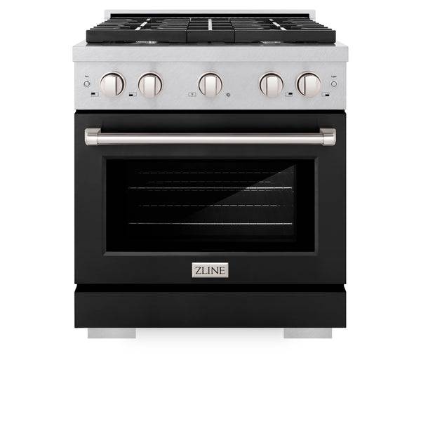 ZLINE 30 in. 4.2 cu. ft. Paramount Dual Fuel Range with 4 Burner Gas Cooktop and Electric Convection Oven in DuraSnow® Stainless Steel with Black Matte Door (SDRS-BLM-30) - KB&A The Home Improvement Store