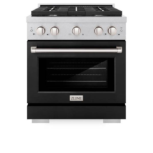 ZLINE 30 in. 4.2 cu. ft. Paramount Dual Fuel Range with 4 Burner Gas Cooktop and Electric Convection Oven in DuraSnow® Stainless Steel with Black Matte Door (SDRS-BLM-30) - KB&A The Home Improvement Store