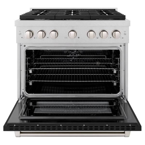 ZLINE 36 in. 5.2 cu. ft. Paramount Dual Fuel Range with 6 Burner Gas Cooktop and Electric Convection Oven in DuraSnow® Stainless Steel with Black Matte Door (SDRS-BLM-36) - KB&A The Home Improvement Store