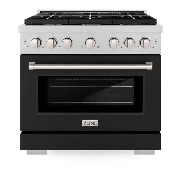 ZLINE 36 in. 5.2 cu. ft. Paramount Dual Fuel Range with 6 Burner Gas Cooktop and Electric Convection Oven in DuraSnow® Stainless Steel with Black Matte Door (SDRS-BLM-36) - KB&A The Home Improvement Store