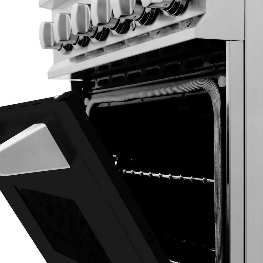 ZLINE 24 in. 2.8 cu. ft. Legacy Dual Fuel Range with 4 Burner Gas Cooktop and Electric Convection Oven in Stainless Steel and Black Matte Door (RA-BLM-24) - KB&A The Home Improvement Store