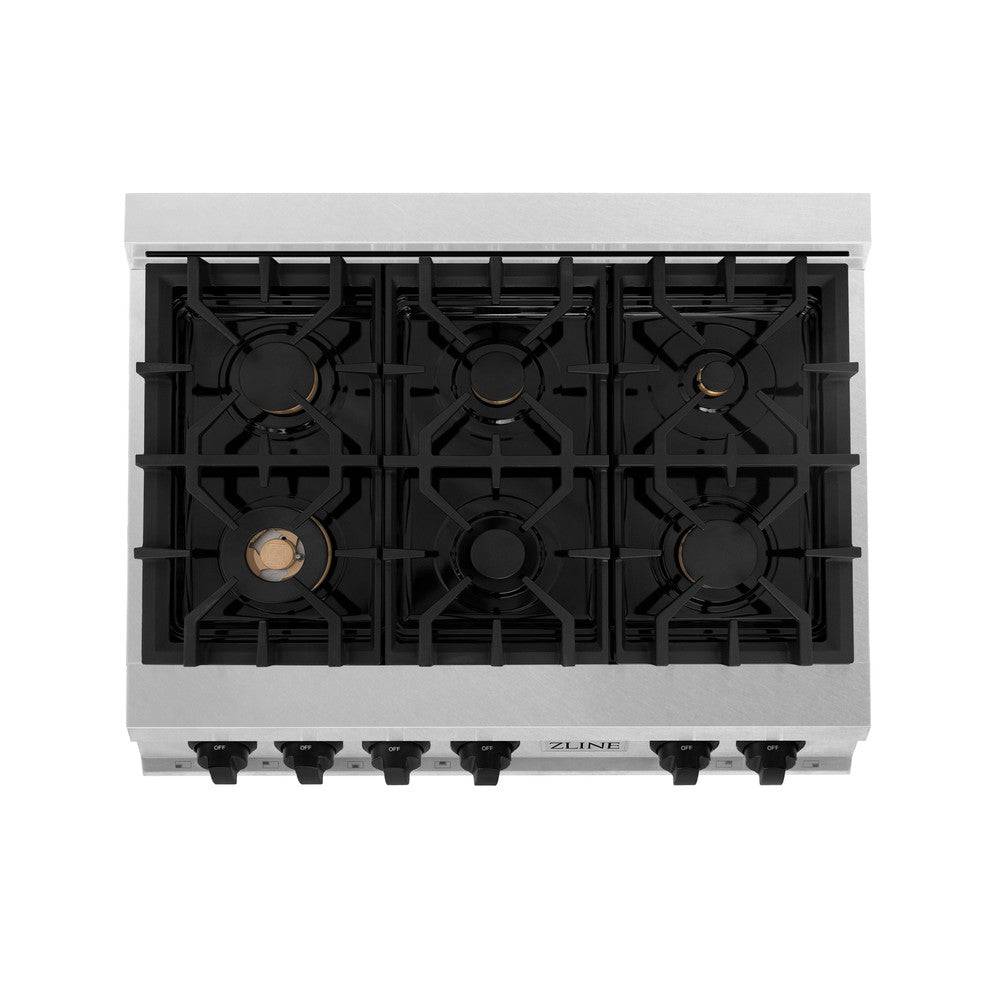 ZLINE Autograph Edition 36" Porcelain Rangetop with 6 Gas Burners in Fingerprint Resistant Stainless Steel and Matte Black Accents (RTSZ-36-MB) - KB&A The Home Improvement Store