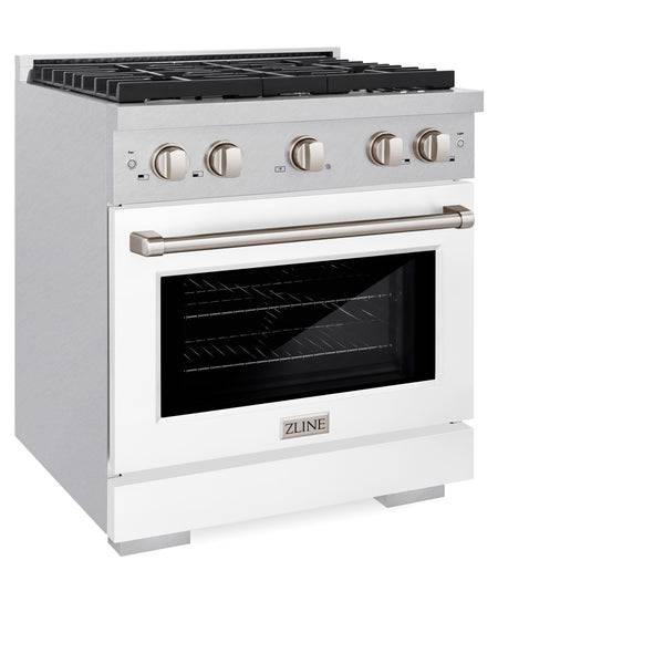 ZLINE 30 in. 4.2 cu. ft. Paramount Dual Fuel Range with 4 Burner Gas Cooktop and Electric Convection Oven in DuraSnow® Stainless Steel with White Matte Door (SDRS-WM-30) - KB&A The Home Improvement Store
