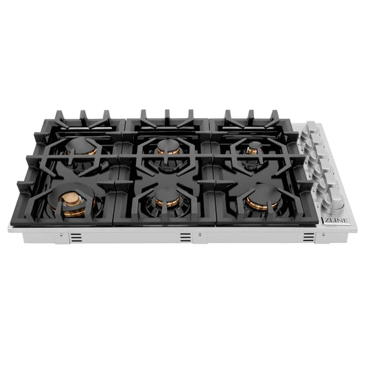 ZLINE 36" Gas Cooktop with 6 Gas Brass Burners and Black Porcelain Top (RC-BR-36-PBT) - KB&A The Home Improvement Store